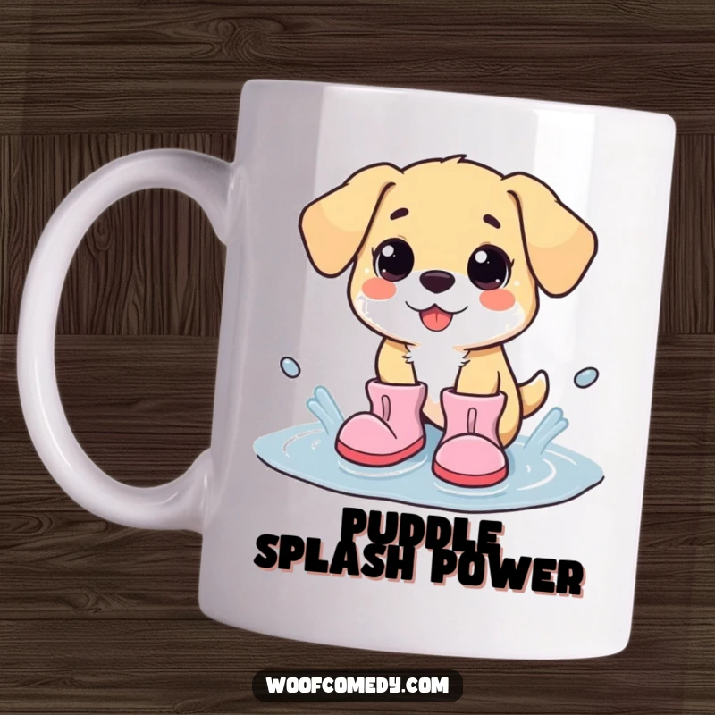 Funny kawaii dog in oversized boots gleefully splashing in a puddle, capturing pure unadulterated joy and playful mischief.