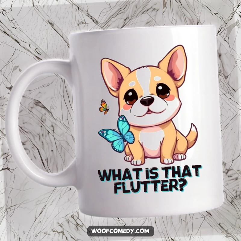 Funny Kawaii Dog Mug: A curious pup with perked ears, intently watching a delicate butterfly, full of gentle fascination.