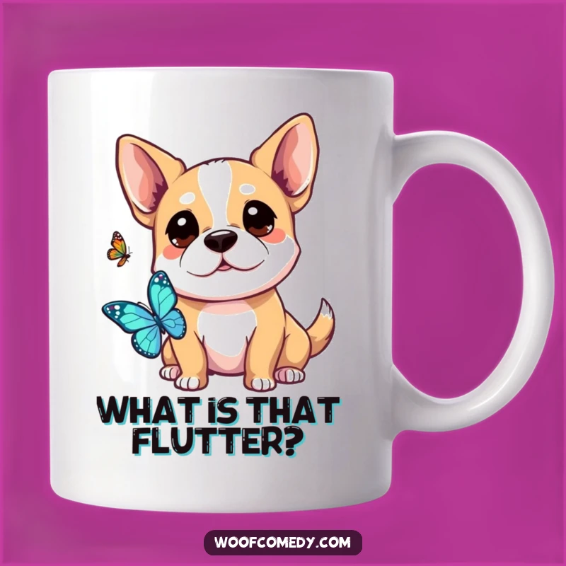 Funny Kawaii Dog Mug - Curious Butterfly Watch, Perfect Gift