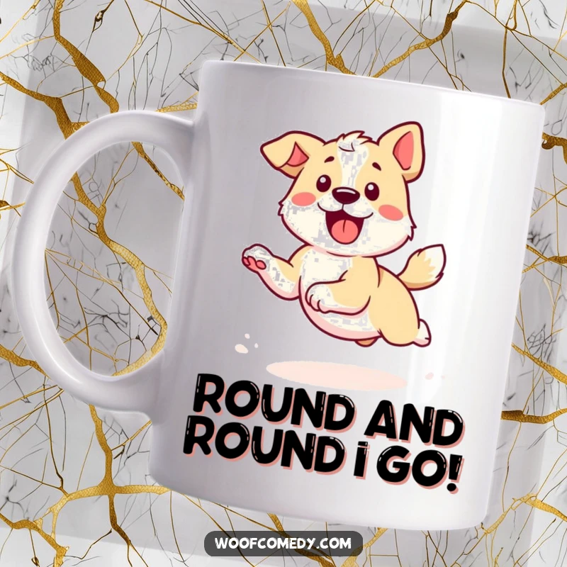 Funny Kawaii Dog Mug: A cute dog energetically chasing its tail in a playful, never-ending circle, radiating joy.