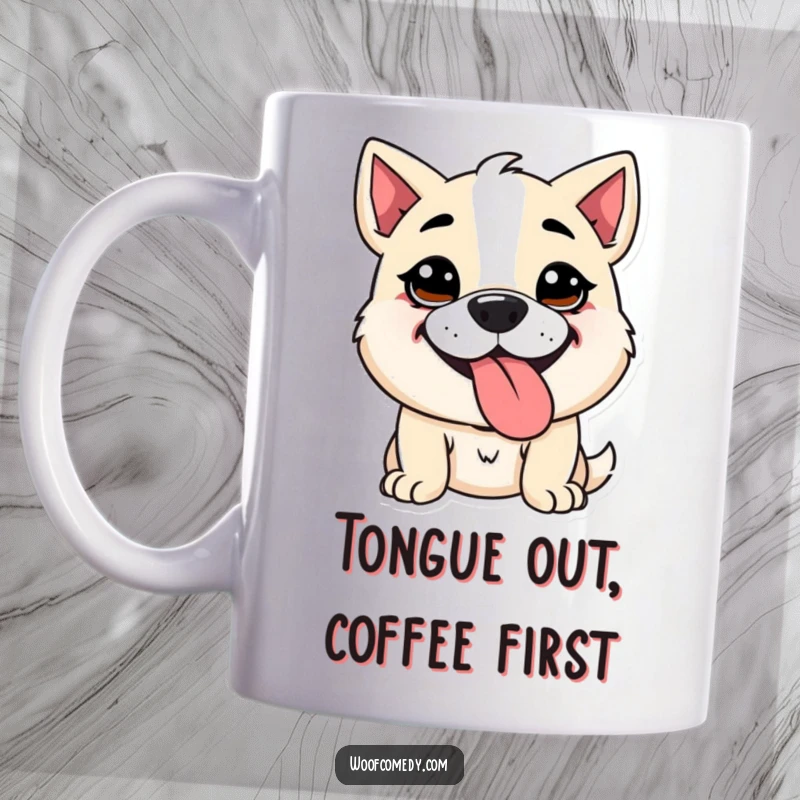 Funny Kawaii dog mug featuring a cute dog with a goofy expression, panting happily with its tongue sticking out. Adorable and hilarious.