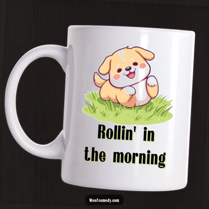 Funny kawaii dog rolling joyfully on green grass, an adorable and humorous gift mug.
