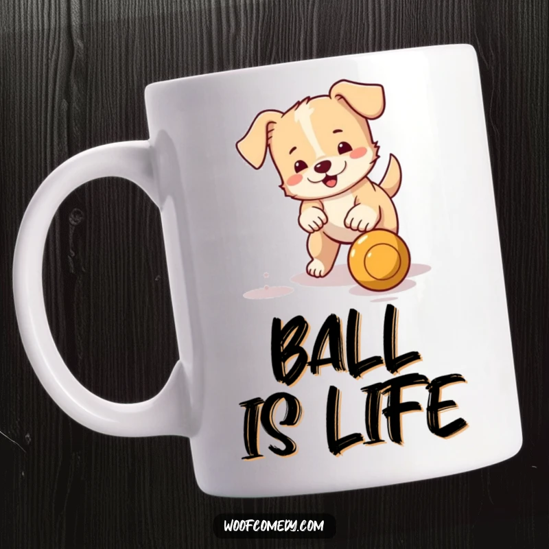 Funny mug showing a small, energetic dog with a furiously wagging tail chasing after a bouncing ball, full of glee.