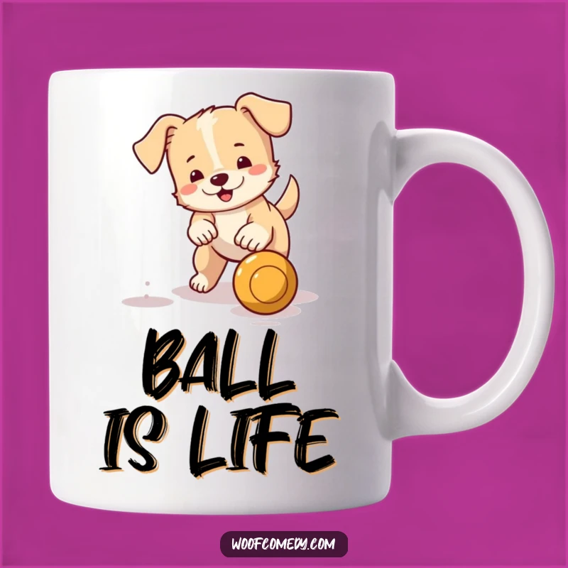 Funny Little Dog Ball Fetching Mug: Energetic Wagging Tail Pup Gift