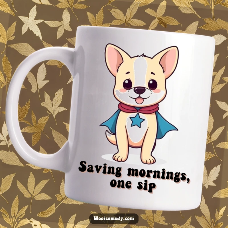 Funny mug with a proud dog standing tall, wearing a small, bright red superhero cape, ready for action.