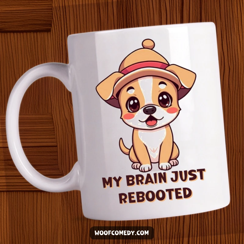 Funny Kawaii Dog Mug: A surprised pup in a silly hat, wide-eyed and full of playful confusion, perfect for a laugh.