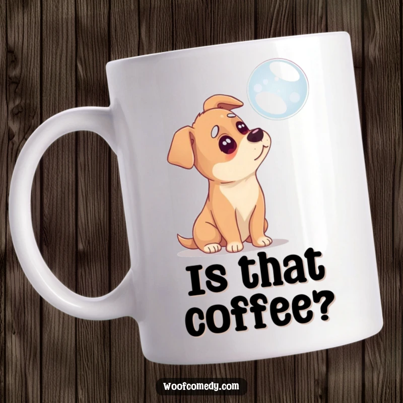 Funny mug featuring a dog tilting its head in confusion while looking at a floating bubble.