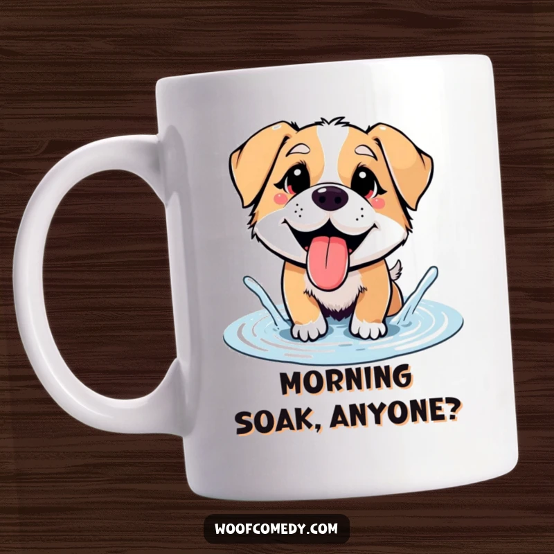 Funny panting dog with tongue out, happily splashing in a small puddle, joyful graphic, funny gift.