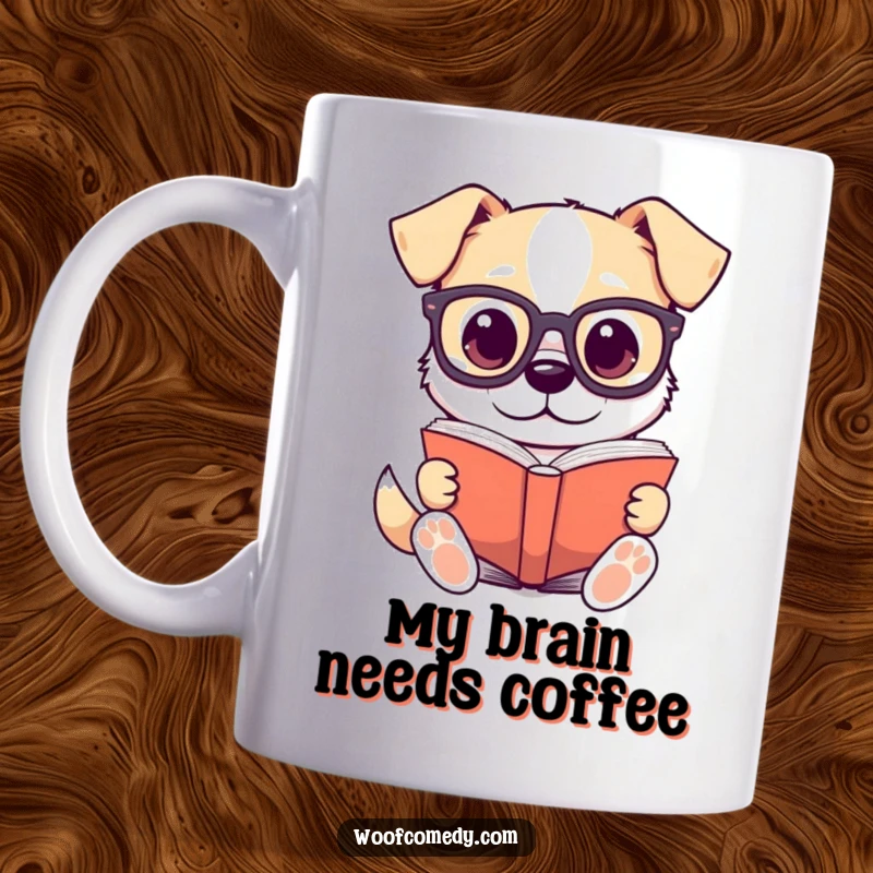 Funny mug with a kawaii dog wearing tiny glasses, engrossed in reading a large book, looking studious and cute.