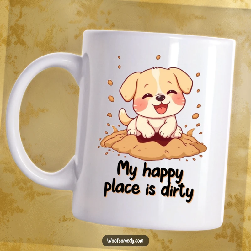 Funny mug featuring a kawaii dog joyfully digging a hole, with dirt flying everywhere, capturing pure, messy canine happiness.