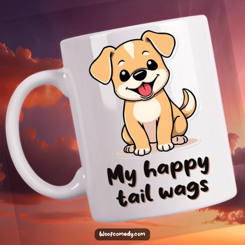 Funny mug showing a cute dog with floppy ears and a tail wagging furiously, radiating happiness and playful energy.