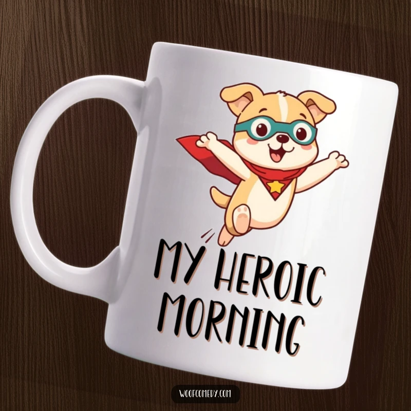 Funny Kawaii dog mug with a cute dog in a superhero cape, leaping courageously into action. High-quality ceramic.