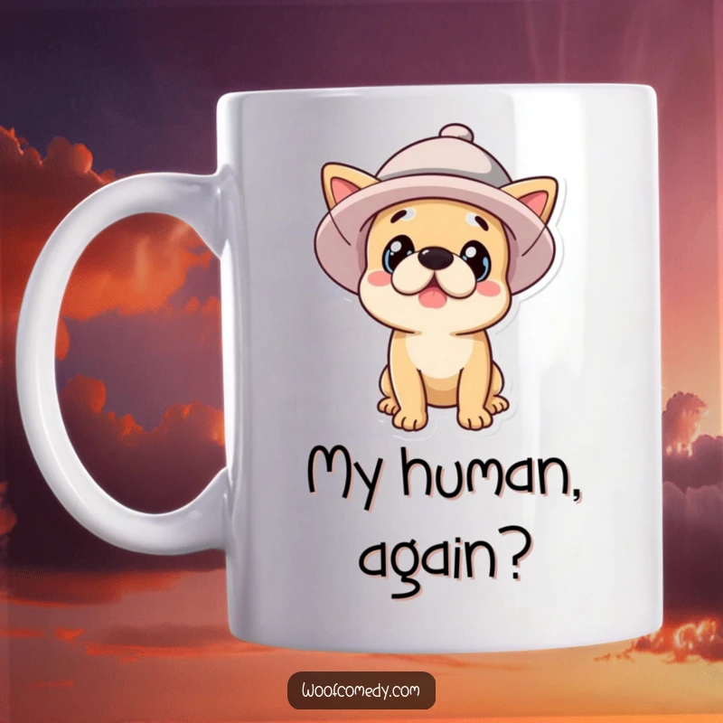 Funny surprised dog wearing a giant, oversized hat, comical expression, perfect funny gift for dog lovers.