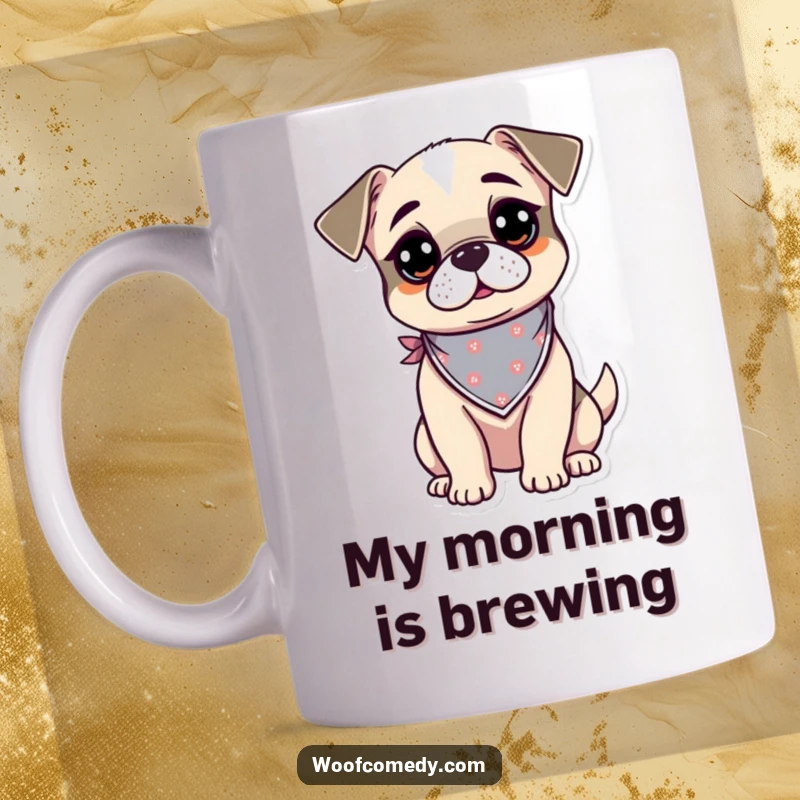 Funny kawaii dog mug featuring a curious and alert pup wearing a tiny bandana, ready for an adventure.