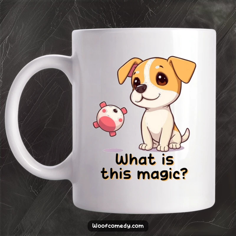 Funny mug showing a curious dog tilting its head, eyes fixated on a floating squeaky toy.