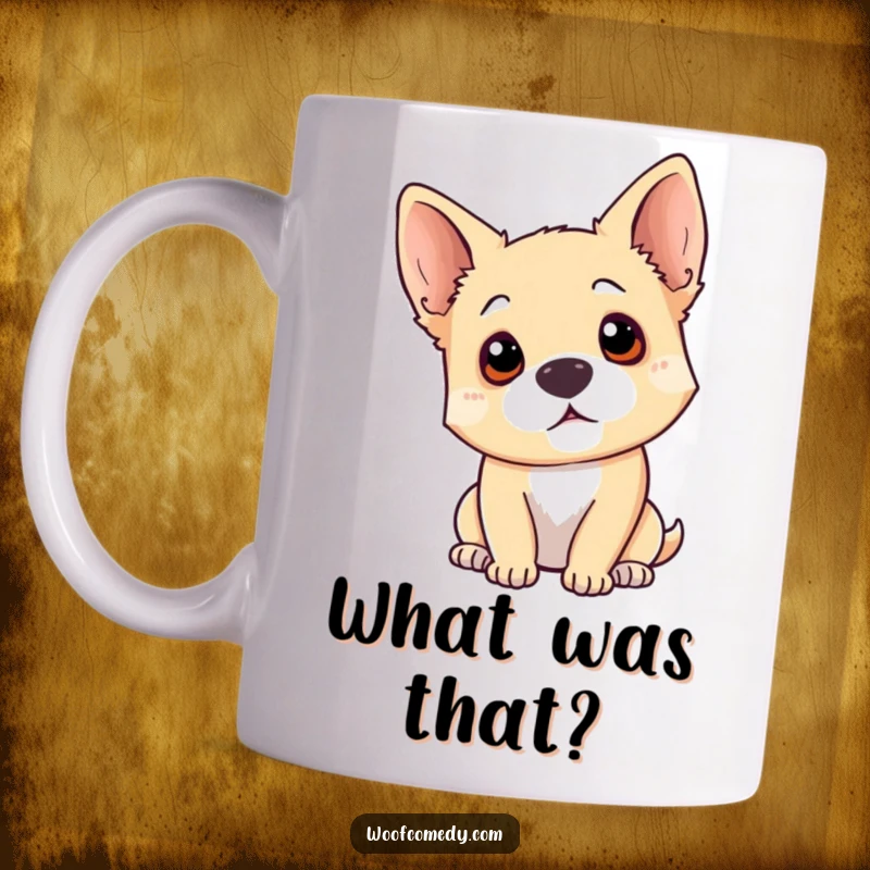 Funny dog head tilt mug features a curious dog tilting its head with ears perked, wide-eyed, showcasing adorable inquisitiveness.