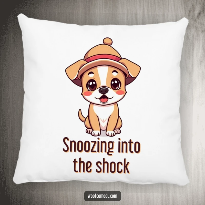 Funny Kawaii Dog Pillow: Soft cushion featuring a surprised kawaii dog wearing a funny hat, adding comfort and humor.