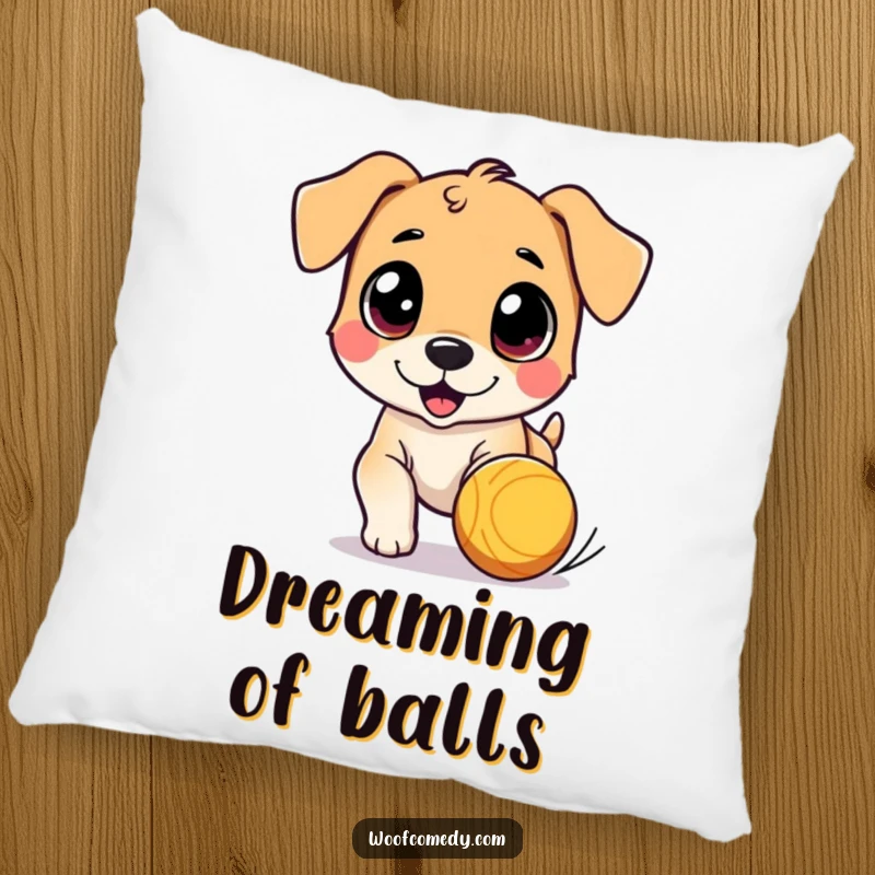 Funny pillow featuring a cute dog character with wide eyes, chasing a bouncing ball, offering cozy comfort and humorous delight.