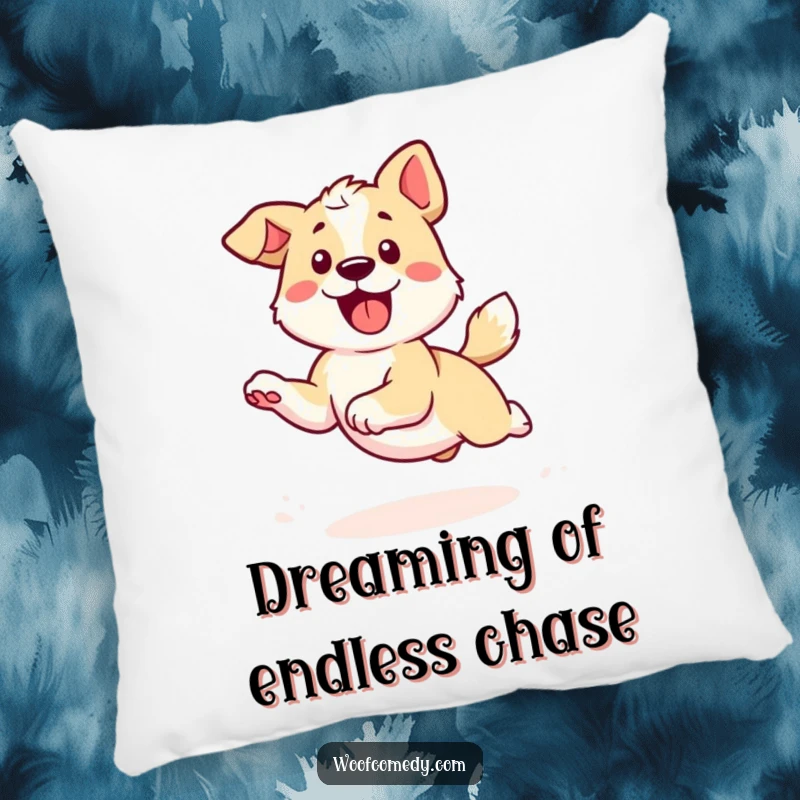 Funny Kawaii Dog Pillow: Soft cushion featuring a kawaii dog in a funny, energetic loop, chasing its tail.
