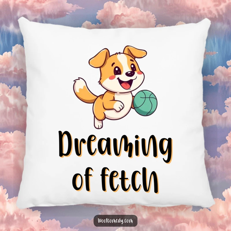Funny happy dog pillow with a wagging tail running with a bouncy ball, perfect for cozy, joyful decor.