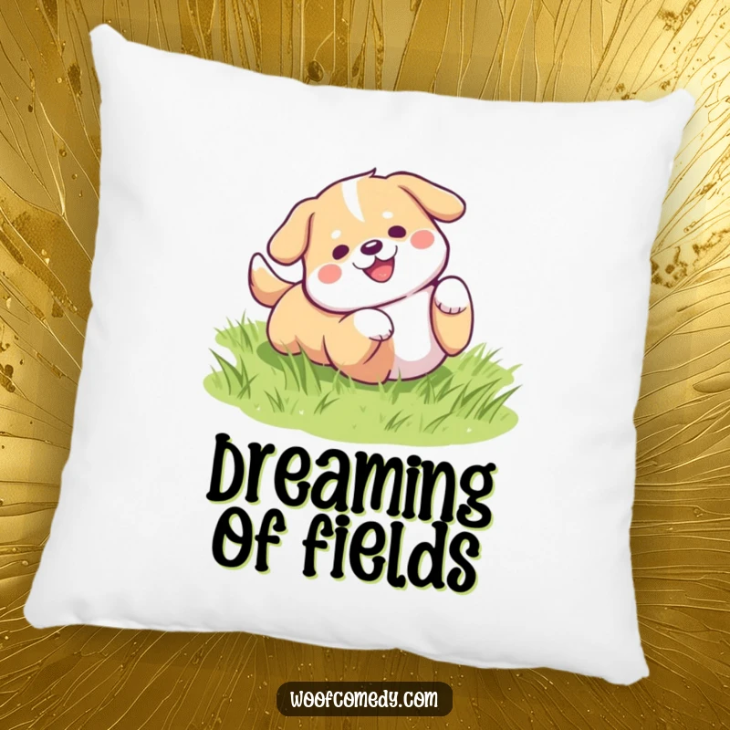 Funny kawaii dog rolling on green grass pillow, a cozy and hilariously cute gift.