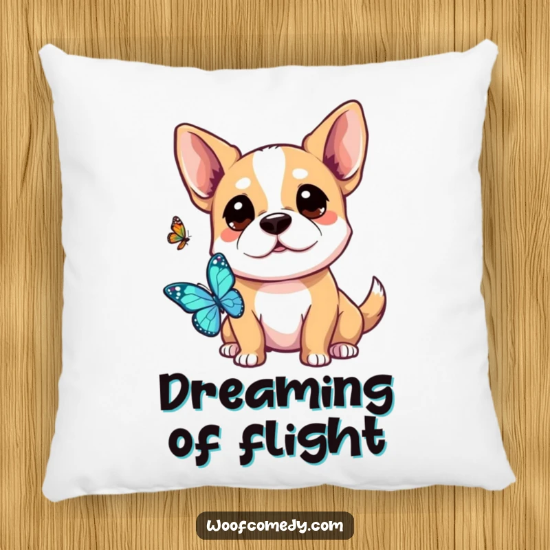 Funny Kawaii Dog Pillow: Soft cushion featuring a kawaii dog intently watching a butterfly with perked ears.