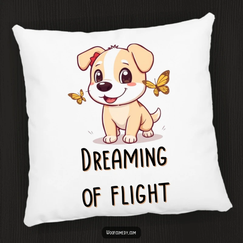 Funny dog pillow depicting an excited dog chasing a fluttering butterfly with wide, playful, and energetic eyes.