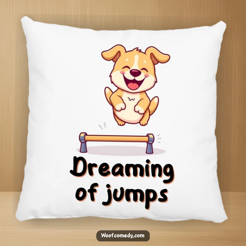 Funny pillow showcasing a dog mid-leap, radiating pure happiness and perfect for adding a playful accent to furniture.