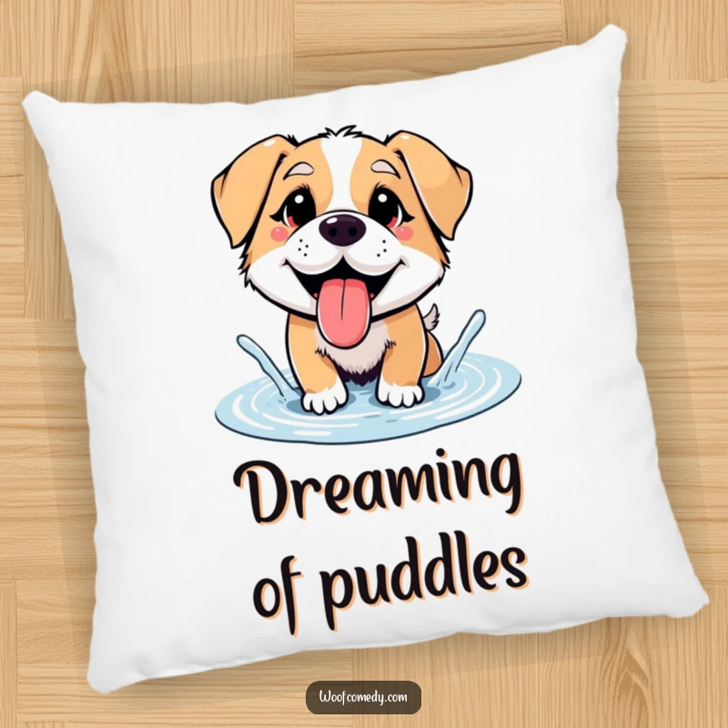 Funny panting dog splashing in a puddle, soft accent pillow, cheerful home decor, funny gift.