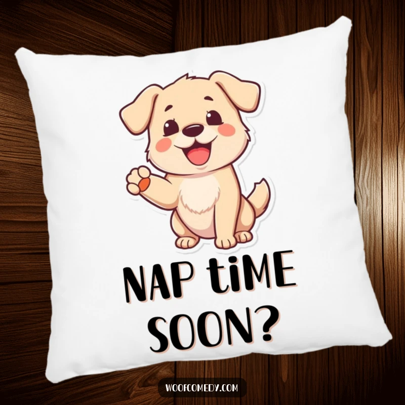 Funny Dog Pillow: A cheerful dog barking with a raised paw in greeting, offering soft comfort and happy vibes.