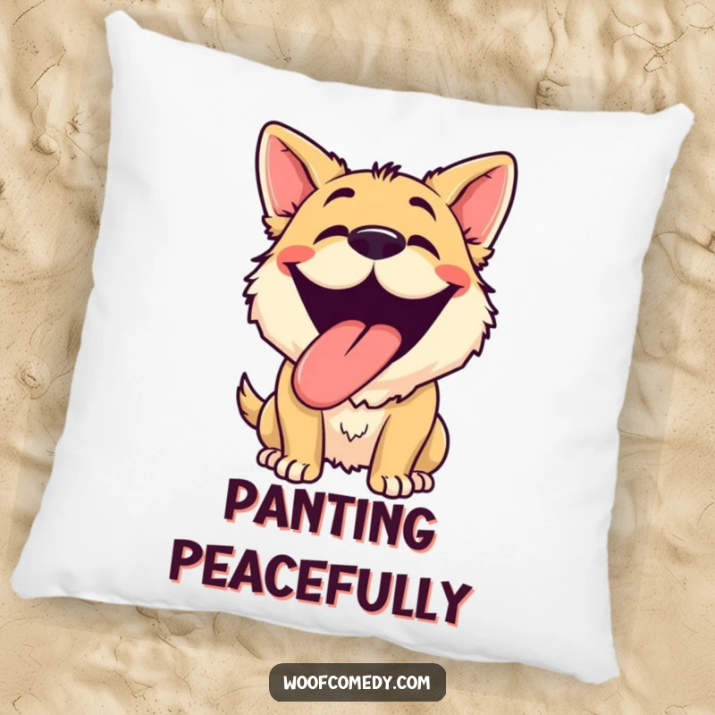 Funny dog grinning pillow featuring a happy, panting dog with its tongue out and a silly grin, offering comfort and humor.