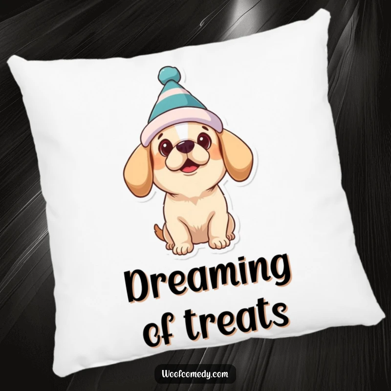 Funny dog pillow depicting a dog wearing a silly hat, looking up with hopeful, expectant, and adorable eyes.