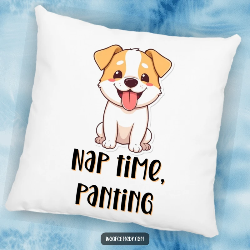 Funny dog pillow depicting a happy dog with its tongue lolling out, panting with pure, infectious joy.