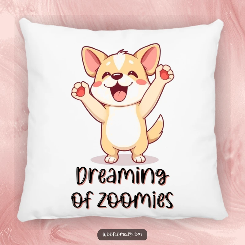 Funny pillow with an excited dog doing a happy dance with paws up, a cozy humorous gift.