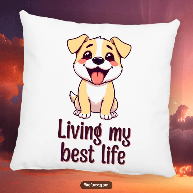 Funny pillow showcasing an excited dog with its tongue lolling out, offering comfort and a dose of canine cheer.