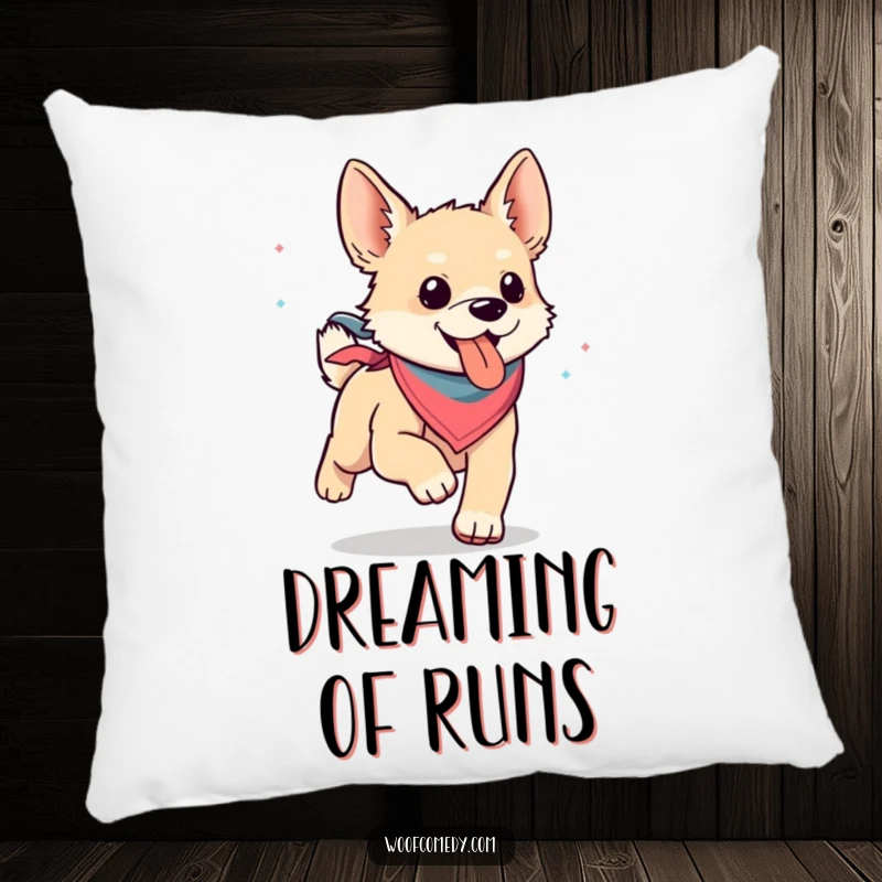 Funny kawaii dog in a bandana, humorously running with its tongue lolling out on a soft and cuddly pillow.
