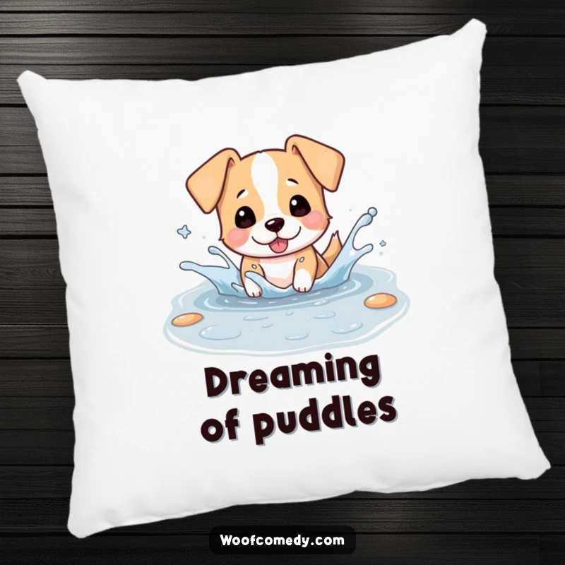 Funny pillow with a kawaii dog playfully splashing in a puddle, ears flapping, a soft and wet-dog inspired decorative item.