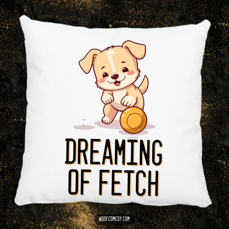 Funny pillow showcasing a small dog with a wagging tail fetching a bouncing ball, offering comfort and playful amusement.
