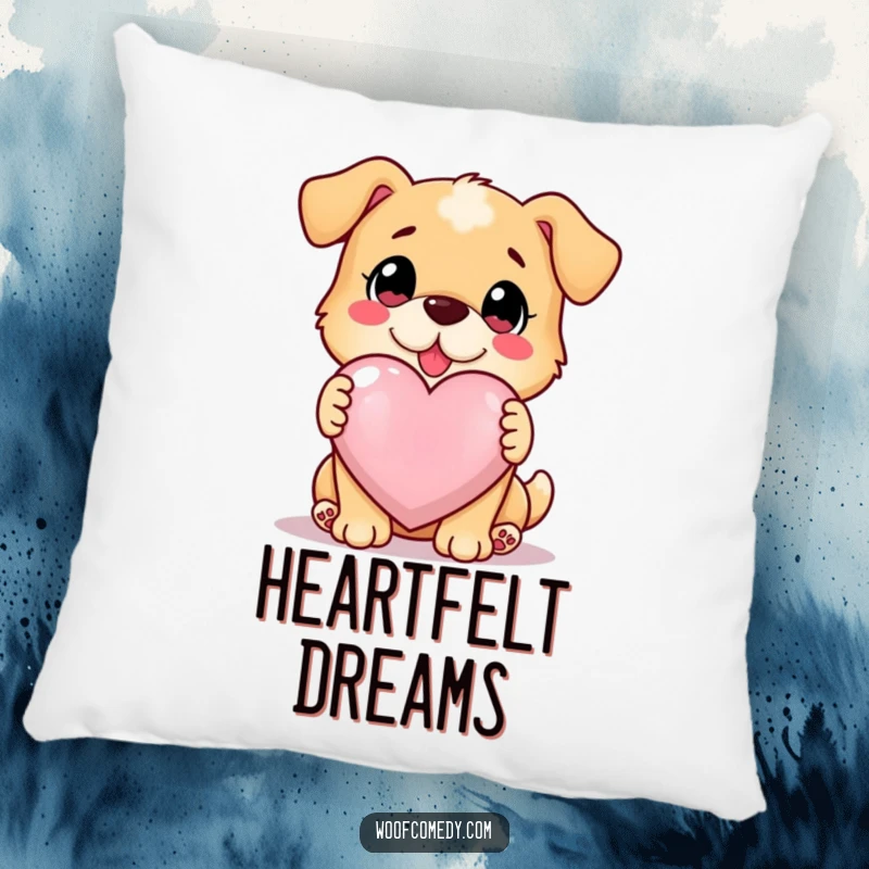 Funny loyal dog offering a glowing heart, soft decorative pillow, symbol of affection, funny gift.