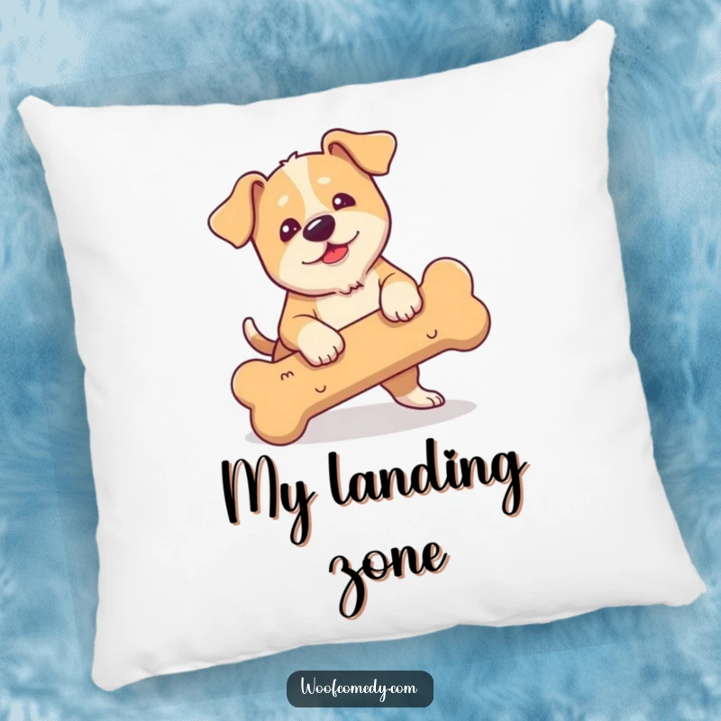 Funny pillow featuring a clumsy dog with droopy ears hilariously tripping over a large bone.