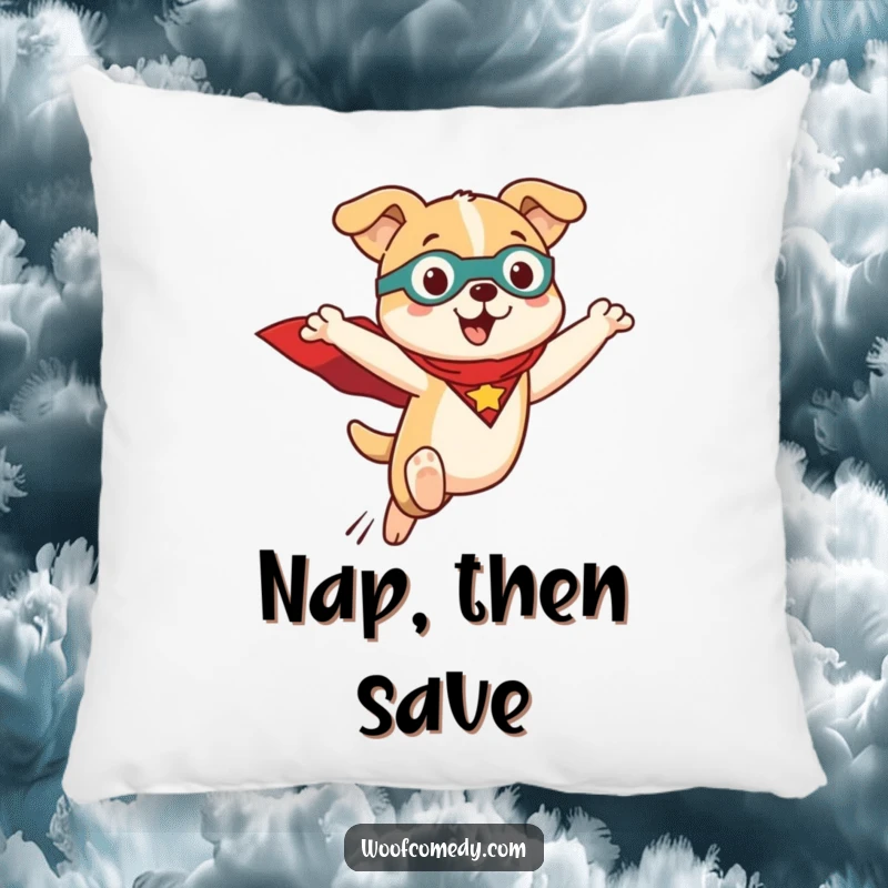 Funny Kawaii dog pillow featuring a cute dog in a superhero cape, leaping with determination. Soft, decorative cushion.