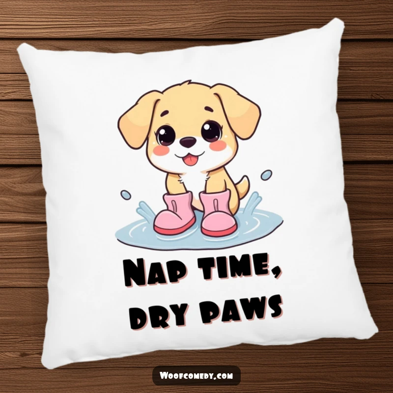 Funny kawaii dog wearing big boots, splashing happily in a puddle, soft and decorative pillow for a cheerful touch.