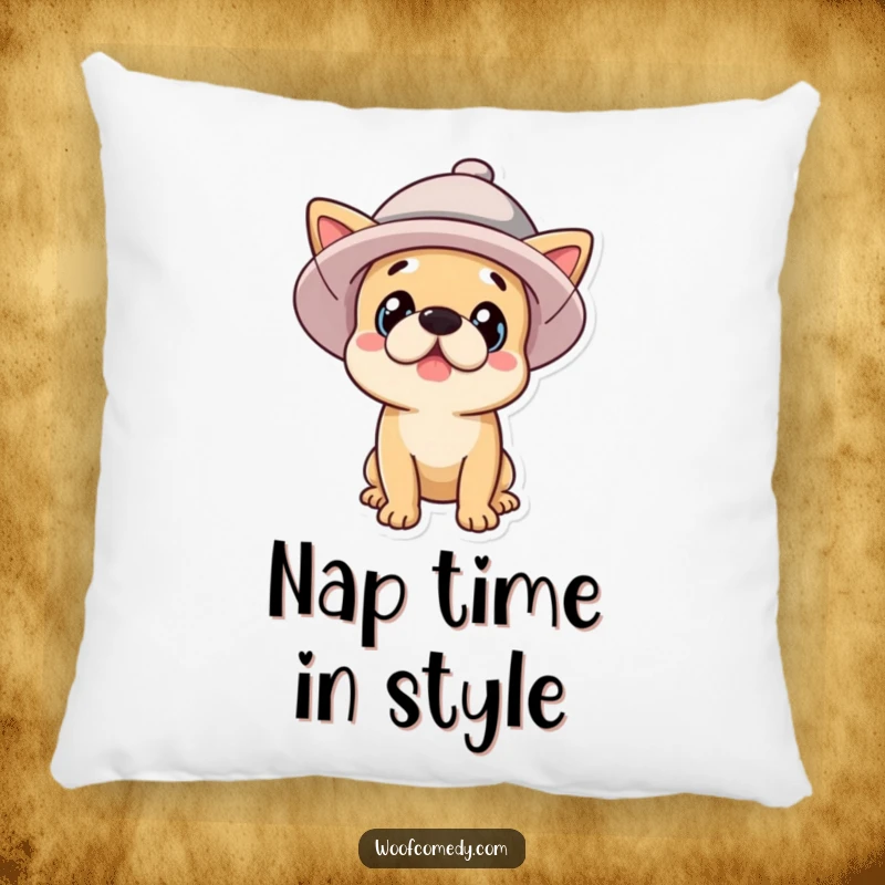 Funny surprised dog wearing a funny hat, soft and cozy pillow, decorative accent, funny gift.
