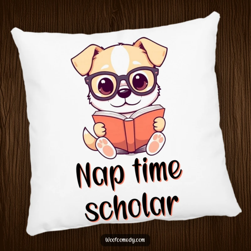 Funny pillow with a kawaii dog in small glasses reading a large book, a soft and smart decorative piece.