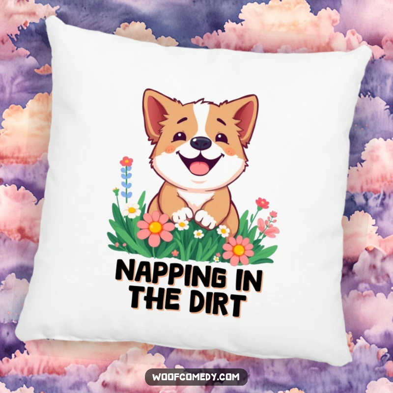 Funny pillow showcasing a smiling dog digging joyfully in a flower patch, offering comfort and garden-themed amusement.