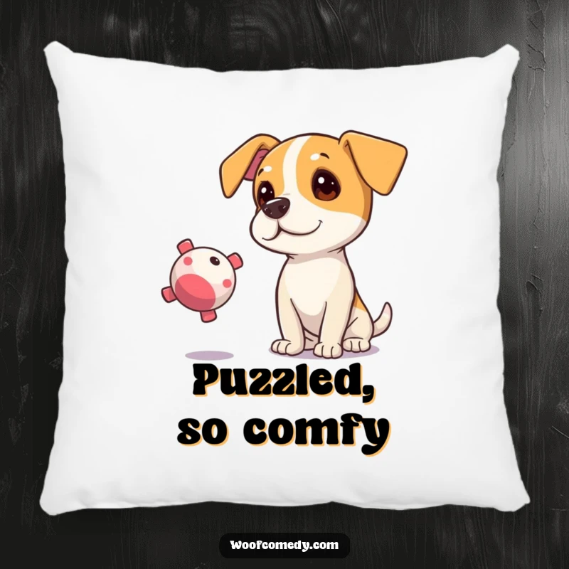 Funny pillow featuring a curious dog tilting its head, eyes intently fixed on a floating squeaky toy.