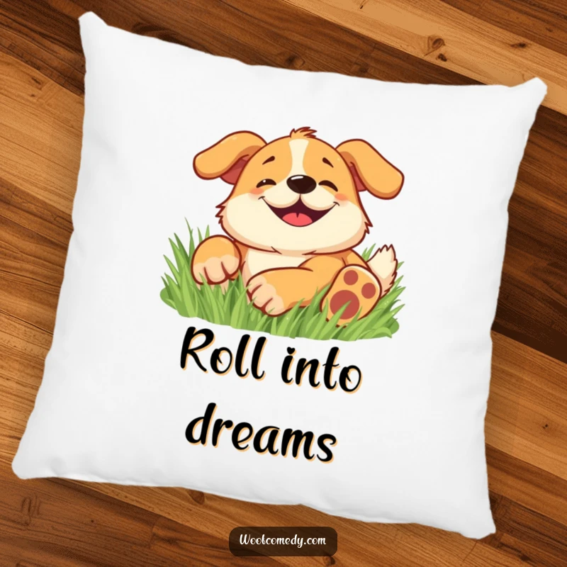 Funny pillow featuring a happy dog with a wide, goofy grin, rolling around in soft grass.