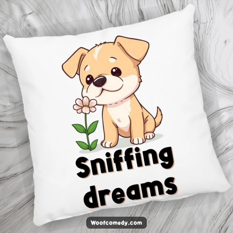 Funny pillow showcasing a curious dog tilting its head, sniffing a flower, offering comfort and a touch of gentle inquiry.