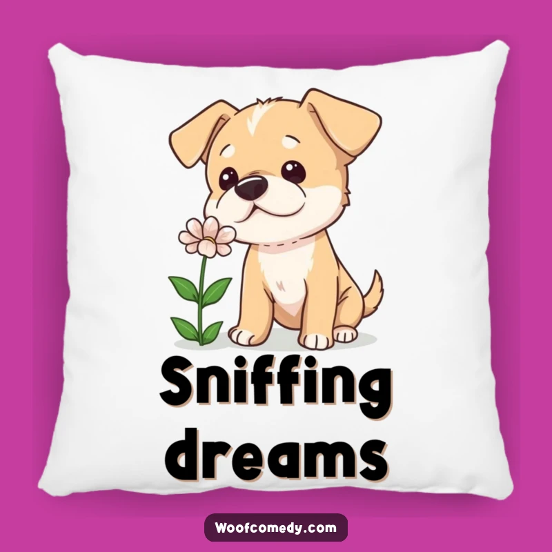 Funny Curious Dog Tilted Head Pillow - Cozy Sniffing Flower Comfort
