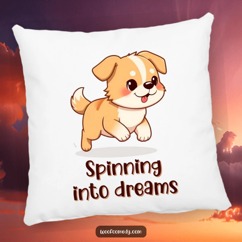 Funny Dog Pillow: A determined dog comically chasing its tail, offering plush comfort and a dose of canine humor.